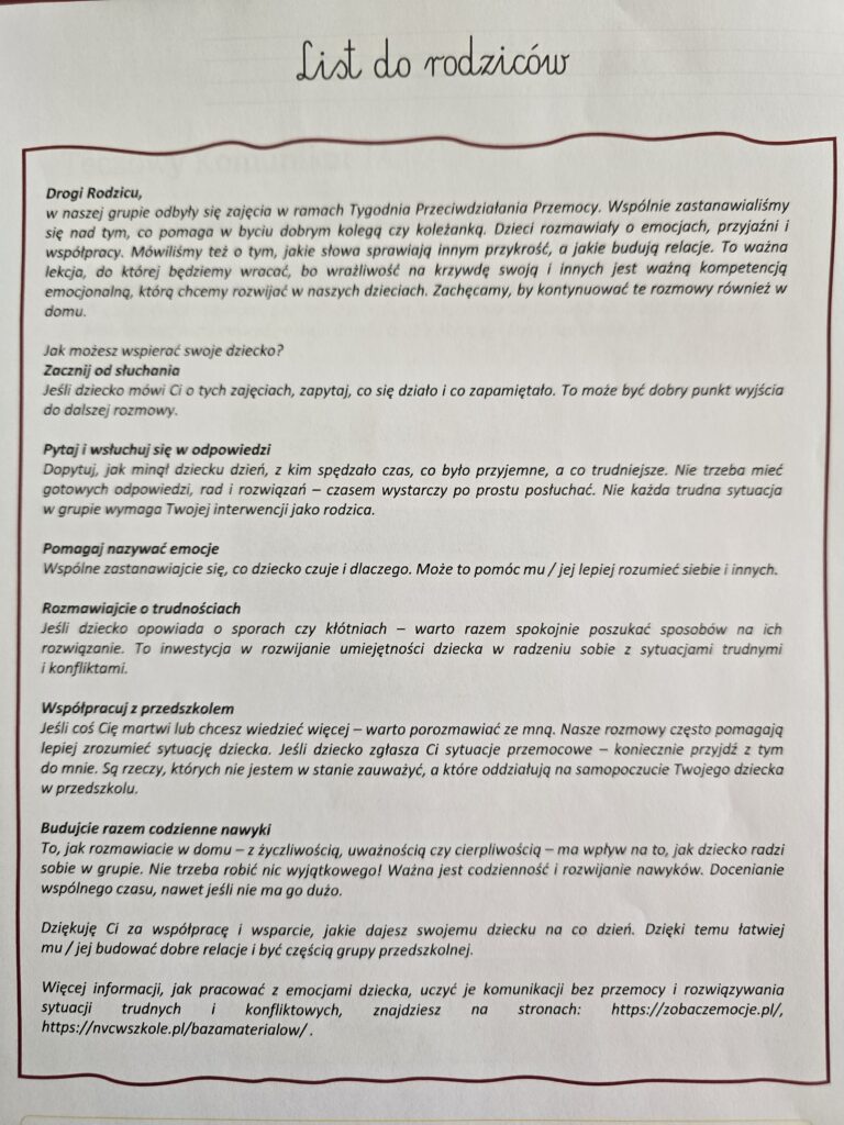 List do rodziców z okazji Tygodnia Dbania o Relacje