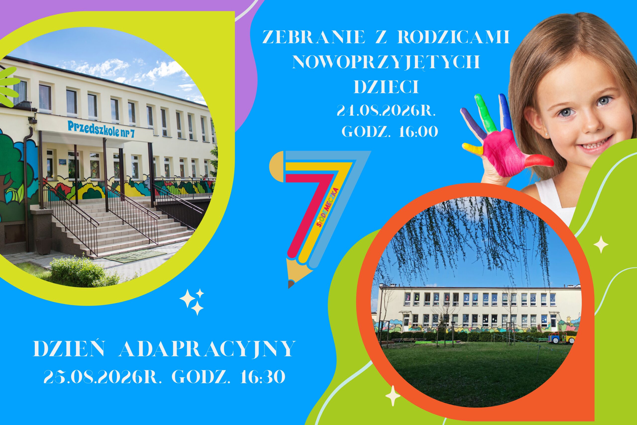 Zdjęcie - plakat promujący placówkę. Uśmiechnięte dzieci z rączką ubrudzoną farbą oraz kolorowe zdjęcia budynku przedszkola i placu zabaw.