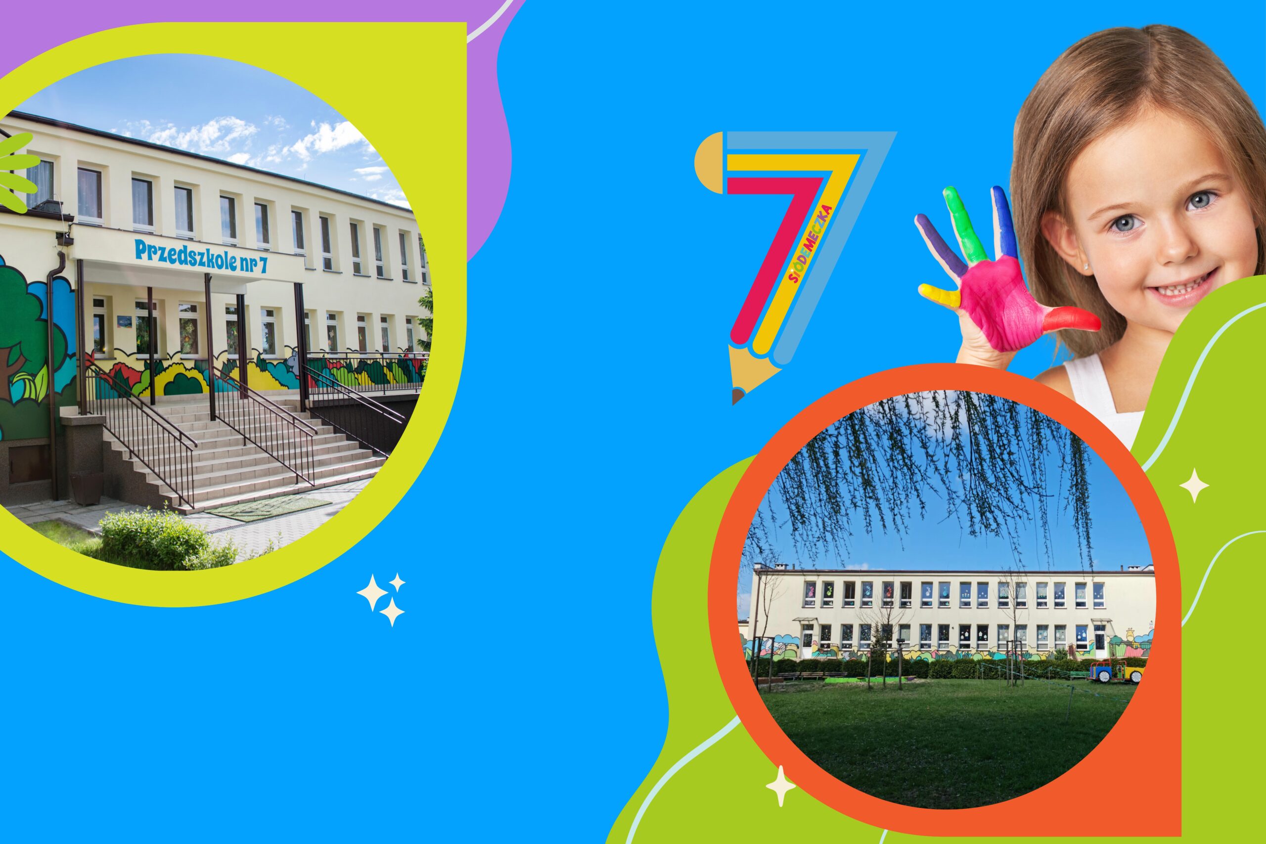Zdjęcie - plakat promujący placówkę. Uśmiechnięte dzieci z rączką ubrudzoną farbą oraz kolorowe zdjęcia budynku przedszkola i placu zabaw.